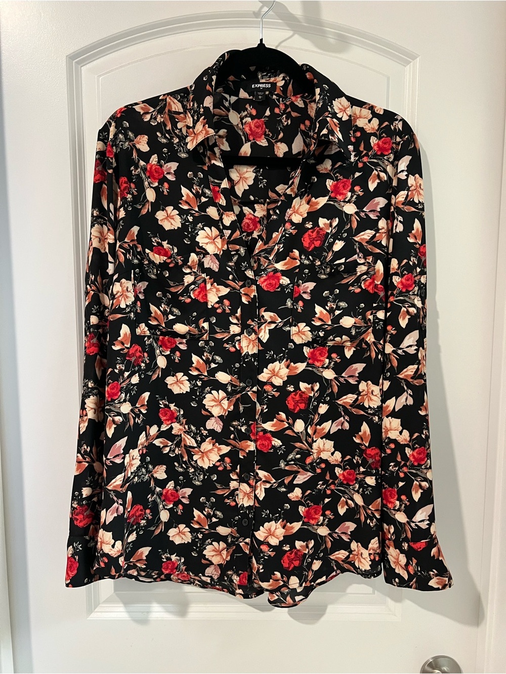 Express Black Floral Button-Down Shirt with Red and Cream Blooms